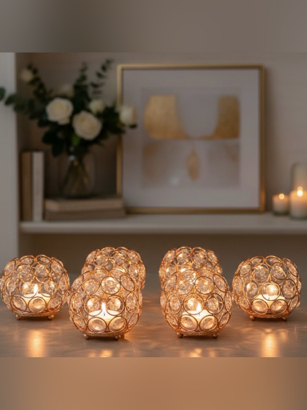 6 gold and crystal Crystal Accent Spheres - Gold Finish, candle holders